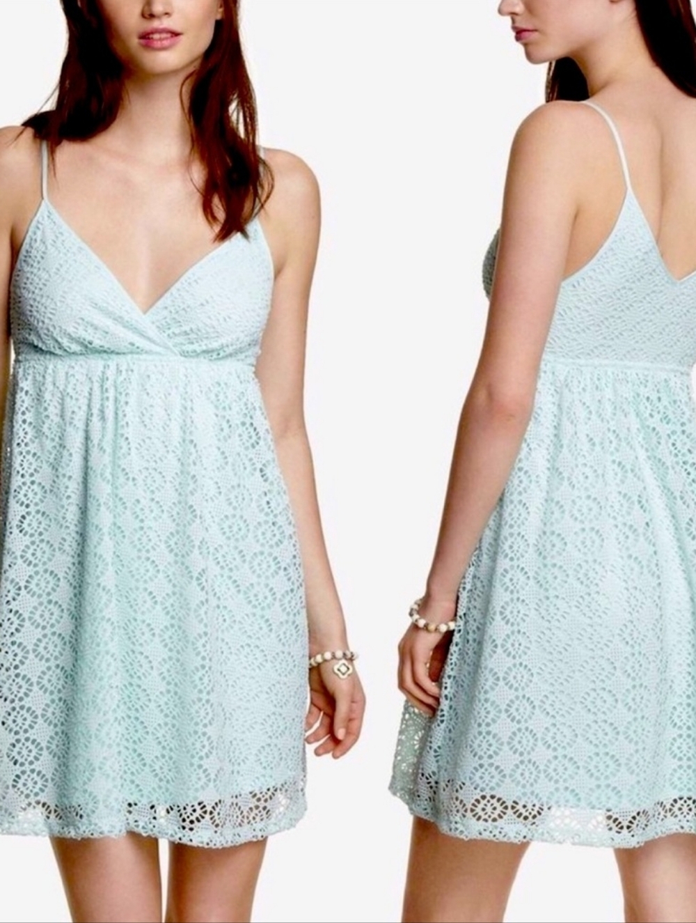Vintage Express Mint Green Crochet Lace Empire Waist Mini Dress